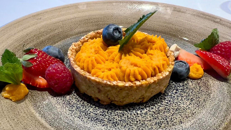 AmaWaterways‘ vegan dessert options include nut-crusted pumpkin mousse infused with dates.