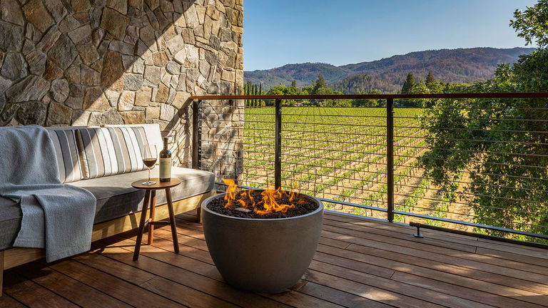 Guestrooms and suites feature expansive balconies with private firepits.