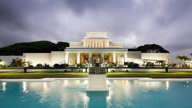 Laie's Mormon Temple stands next to Brigham Young University-Hawaii and the Polynesian Cultural Center.