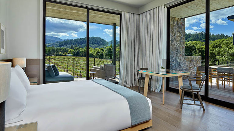 Most guestrooms face a vineyard belonging to next-door neighbor Beringer Vineyards. // © 2017 Las Alcobas, a Luxury Collection Hotel, Napa Valley