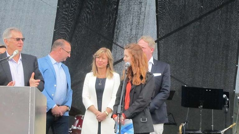 Rudi Schreiner (left) gave a speech at the pre-christening ceremony at the shipyard. // © 2016 Elizabeth Dupuis