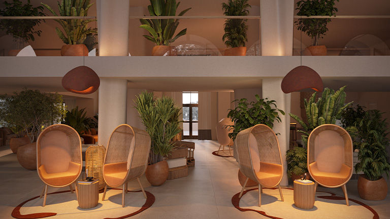 The lobby will feature a color palette inspired by the sea and sand, plus an abundance of plants.